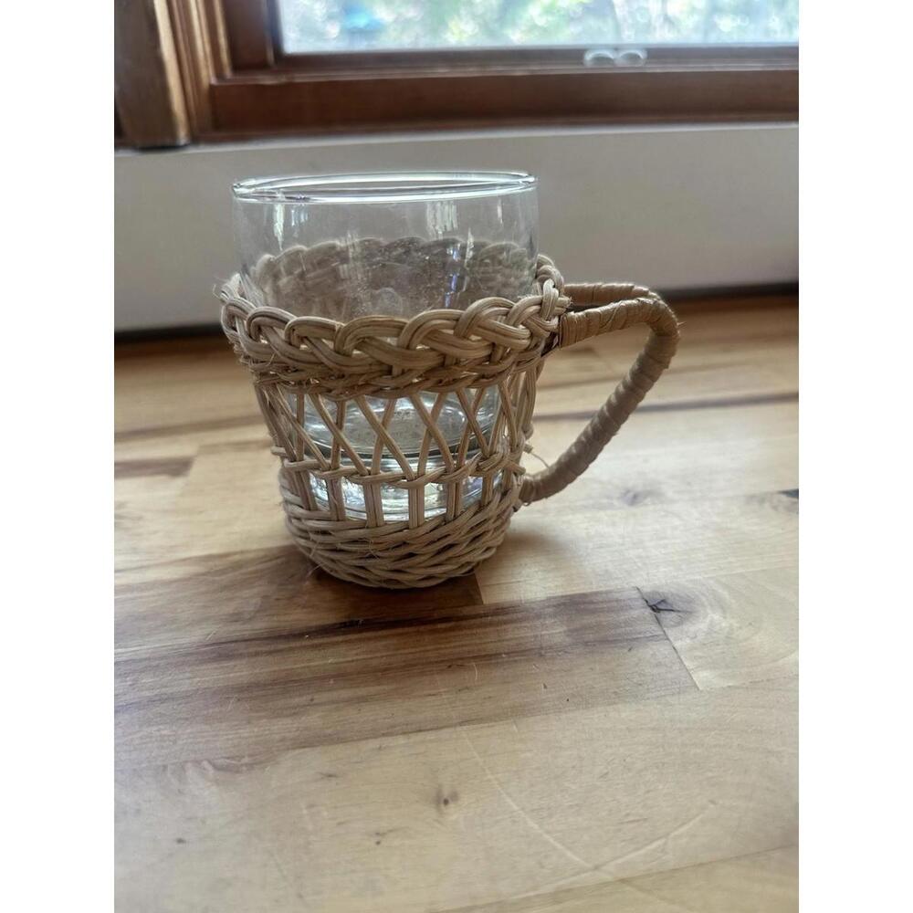 VTG Set of 4 Wicker Handle Mugs w/ Removable Glass Cups Cozy Rattan Boho Style